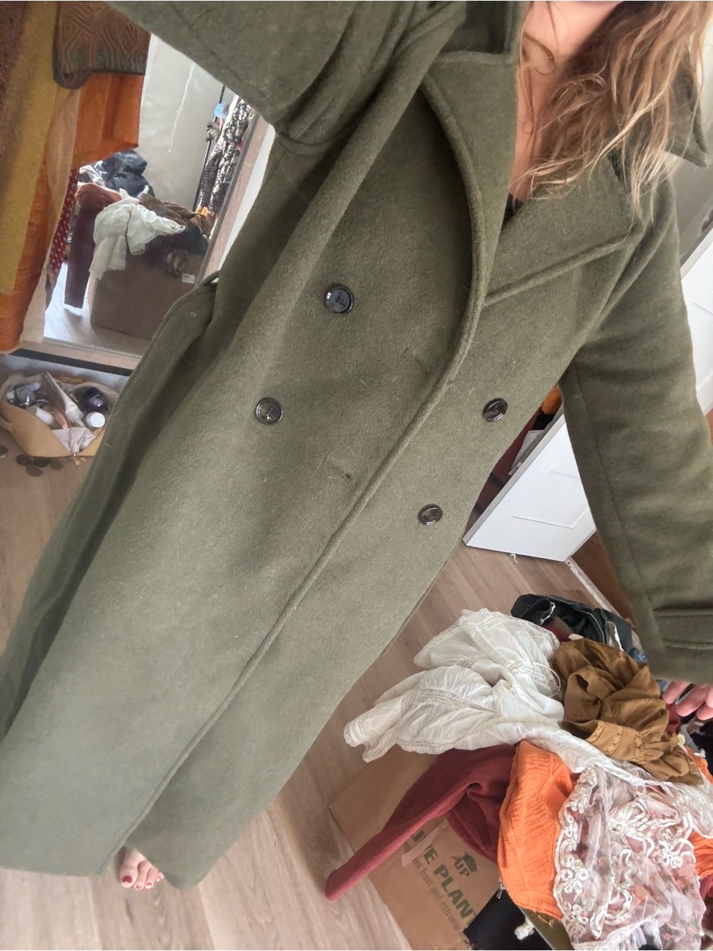 Abercrombie & Fitch Olive Green Double-Breasted Wool Pea Coat